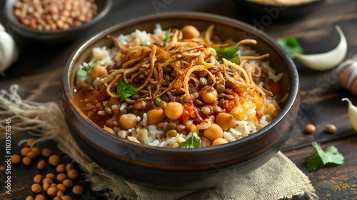 A flavorful bowl of Egyptian koshari with lentils, rice, pasta , chickpeas, and a tangy tomato sauce, topped with crispy onions.