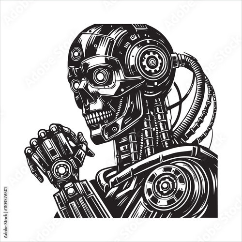 Powerful robot in a bold, vintage style. A striking black and white illustration of a futuristic robot.