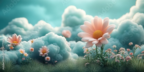 Logo design cheerful clouds and colorful floral elements cute style light green background colorful elements bright colors cartoon illustration style 3D rendering effect The logo comprises soft 