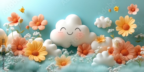 Logo design cheerful clouds and colorful floral elements cute style light green background colorful elements bright colors cartoon illustration style 3D rendering effect The logo comprises soft 