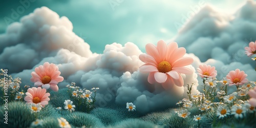 Logo design cheerful clouds and colorful floral elements cute style light green background colorful elements bright colors cartoon illustration style 3D rendering effect The logo comprises soft 