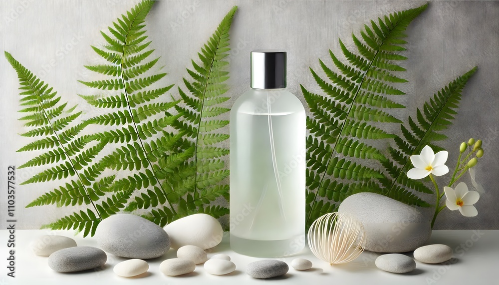 A clear tall bottle with a subtle gradient finish, surrounded by ferns and white stones for a fresh, nature-inspired aesthetic