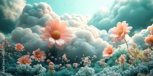 Logo design cheerful clouds and colorful floral elements cute style light green background colorful elements bright colors cartoon illustration style 3D rendering effect The logo comprises soft 