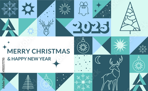 Christmas geometric minimalist banner background with geometric simple shapes and linear winter elements in cold winter colors.Happy New Year banner background with geometric icons.Vector illustration