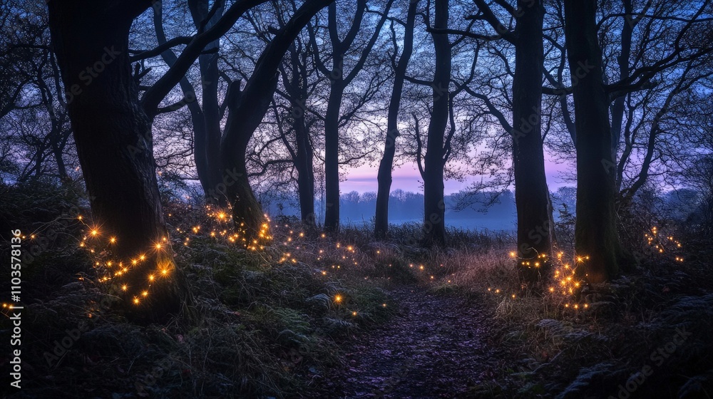 Mystical Forest Path with Glowing Lights at Dusk