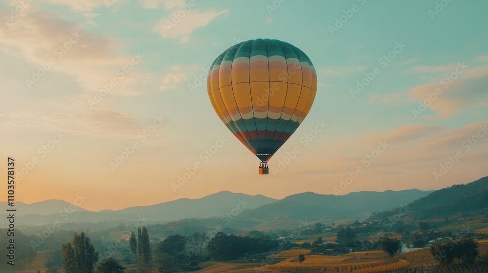Fototapeta premium Hot Air Balloon Soaring Over Misty Mountains