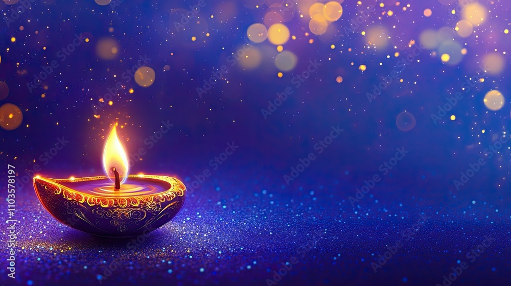 Purple and Gold Diwali Background with Oil Lamp Purple and Gold Diwali Background with Oil Lamp