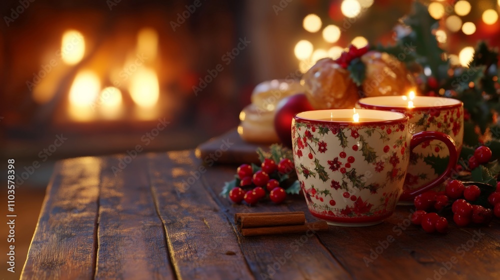 Warm holiday atmosphere with decorated mugs and glowing fireplace Warm holiday atmosphere with decorated mugs and glowing fireplace