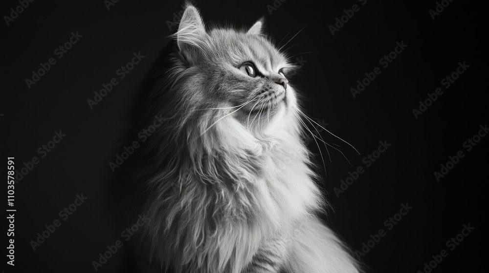 Dignified Persian Cat Sitting Upright in Monochrome Dignified Persian Cat Sitting Upright in Monochrome