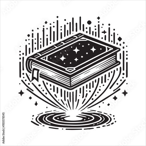 Mysterious Floating Book of Magic Above a Portal. A stylized illustration of a book levitating above a swirling portal.