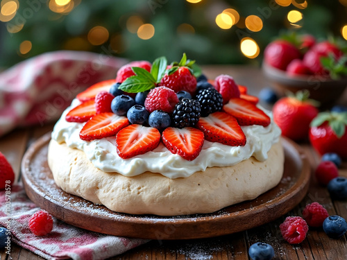 Fresh homemade berry pavlova with blueberry, strawberry and raspberry toppings with bokeh festive Christmas themed background food photography