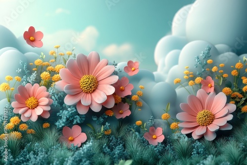 Logo design floating clouds and vibrant flowers cute style light green background colorful elements bright colors cartoon illustration style 3D rendering effect The logo comprises soft clouds 