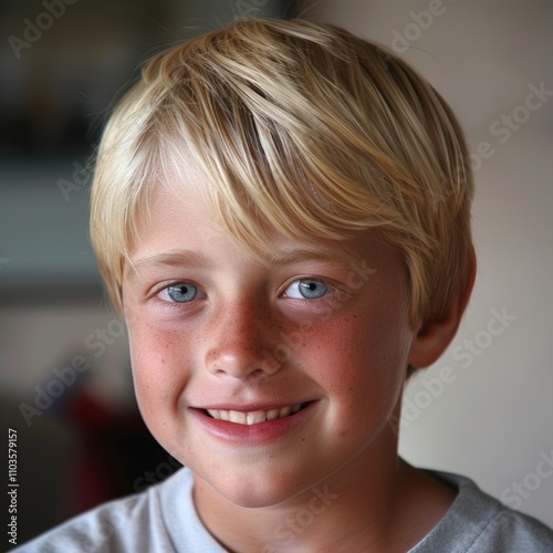 Young boy with blond hair and blue eyes, grinning at the camera, photo for a profile picture.