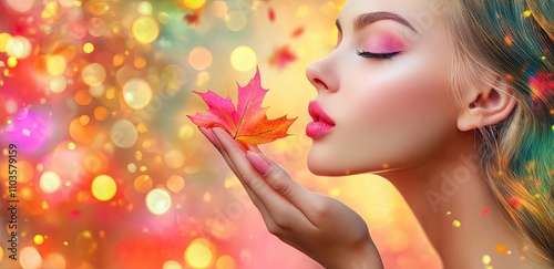 Woman Blowing Colorful Leaves in Autumn photo