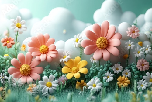 Logo design floating clouds and vibrant flowers cute style light green background colorful elements bright colors cartoon illustration style 3D rendering effect The logo comprises soft clouds 