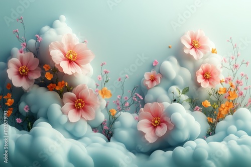 Logo design floating clouds and vibrant flowers cute style light green background colorful elements bright colors cartoon illustration style 3D rendering effect The logo comprises soft clouds 