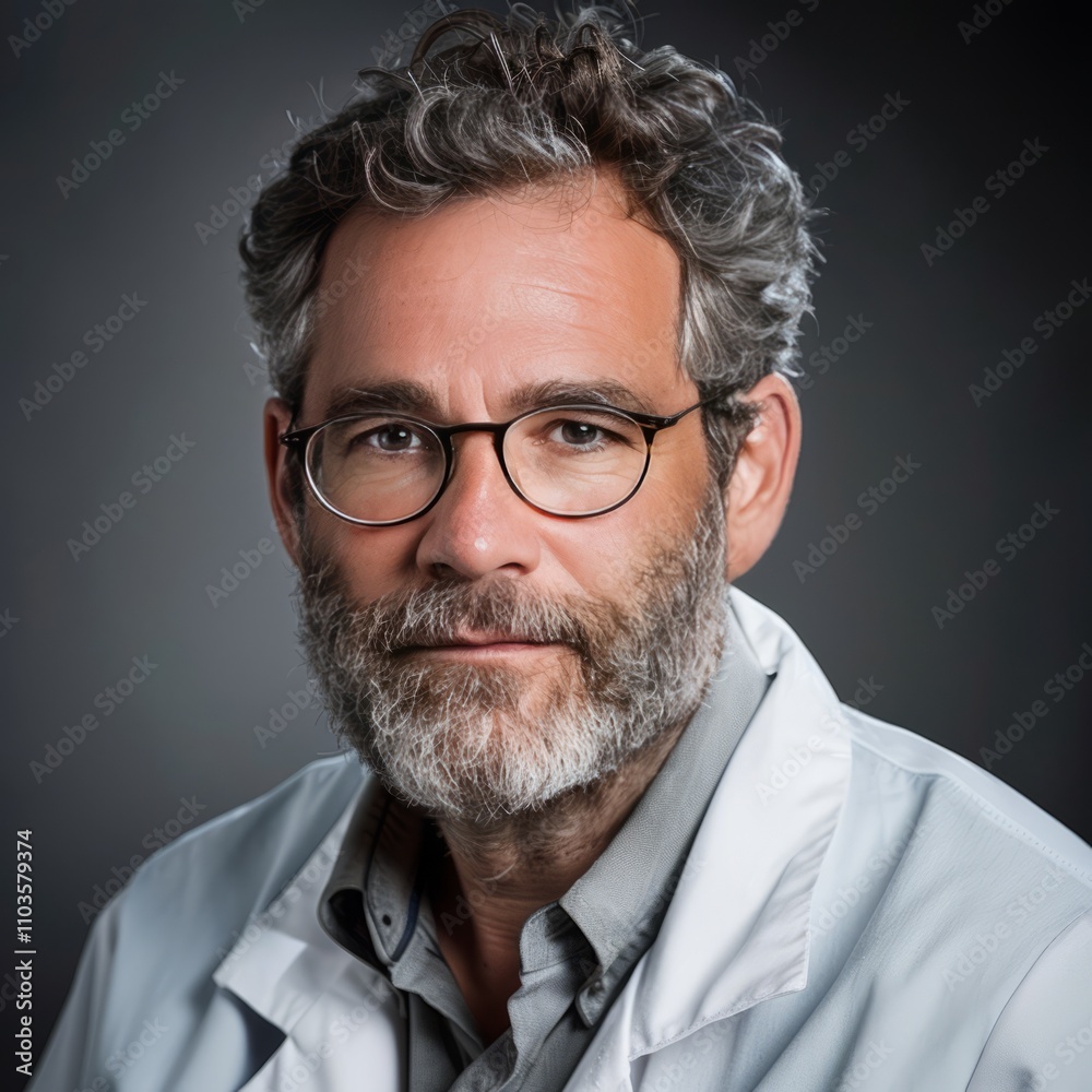 Middle-aged man with glasses and a neat beard, wearing a lab coat, looking at the camera, photo for a profile picture.