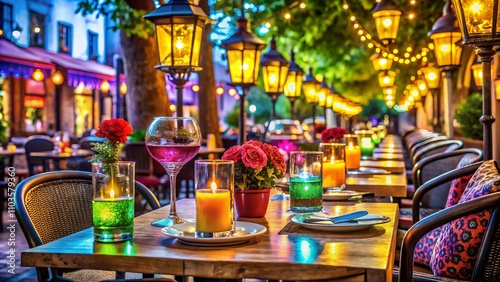 Enchanting Night Photography of a Restaurant Serving Elegant Glass Goblets with Soft Ambient Lighting and Delicious Cuisine, Perfect for Showcasing Fine Dining Experiences