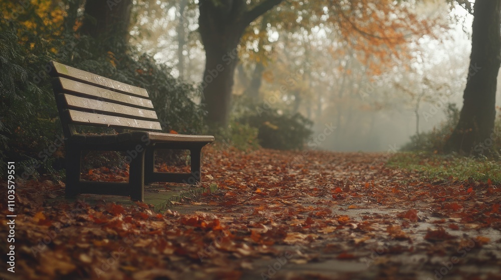 A serene wooden bench surrounded by colorful autumn leaves in a misty forest path. A serene wooden bench surrounded by colorful autumn leaves in a misty forest path.