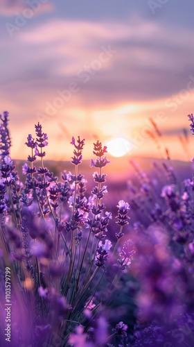 lavendar field with sunset in the horizon bokeh style