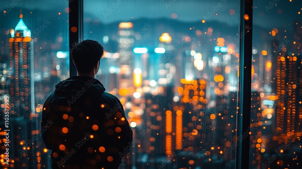 Silhouette of Man Watching City Lights in Nightscape Silhouette of Man Watching City Lights in Nightscape