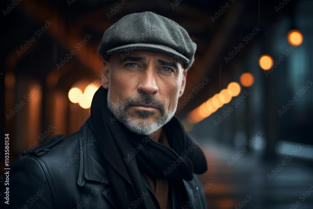 Portrait of a handsome mature man with a gray beard wearing a cap and a black leather jacket in a city at night Portrait of a handsome mature man with a gray beard wearing a cap and a black leather jacket in a city at night