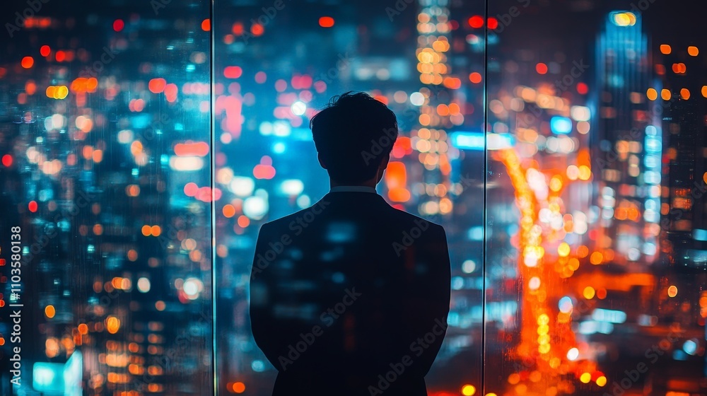 Silhouette of Man Against Hong Kong City Lights at Night Silhouette of Man Against Hong Kong City Lights at Night