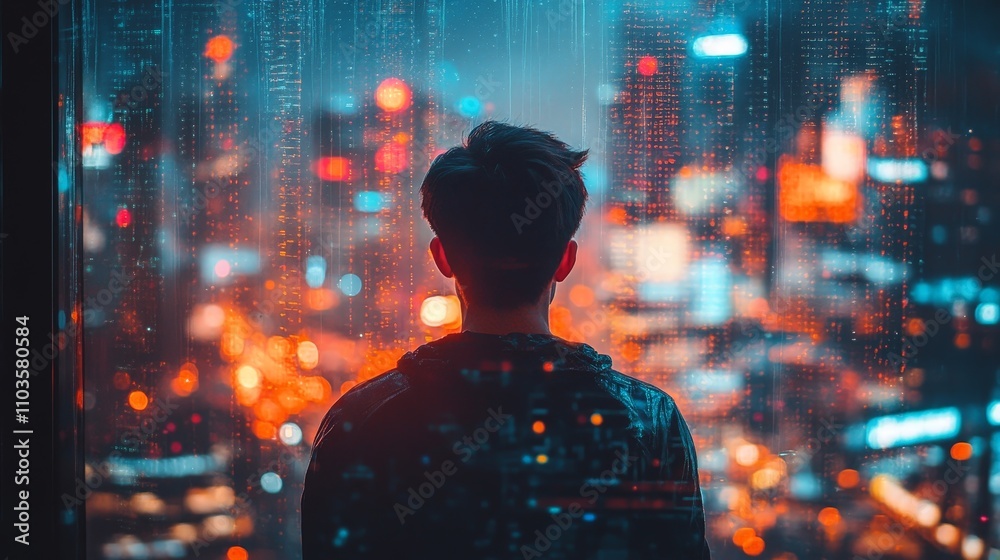 Silhouette of Man Watching City Lights in Nightscape Silhouette of Man Watching City Lights in Nightscape