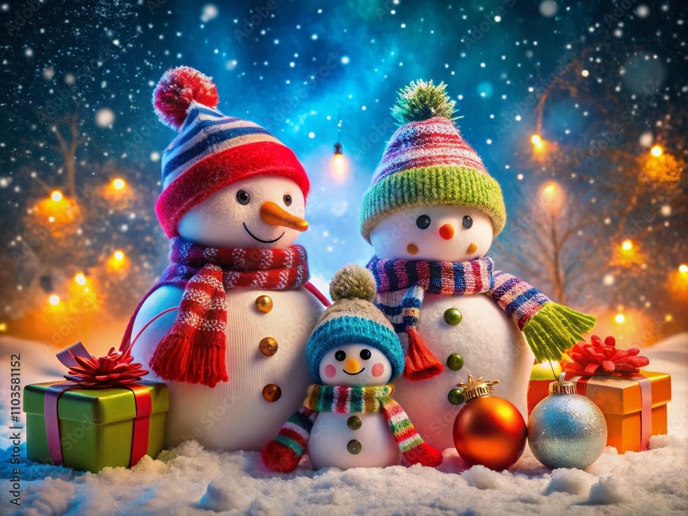 Enchanting Scene of Snowmen Surrounded by Colorful Gifts in a Winter Wonderland, Capturing the Joy and Magic of the Holiday Season with Decorative Elements and Cheerful Atmosphere Enchanting Scene of Snowmen Surrounded by Colorful Gifts in a Winter Wonderland, Capturing the Joy and Magic of the Holiday Season with Decorative Elements and Cheerful Atmosphere