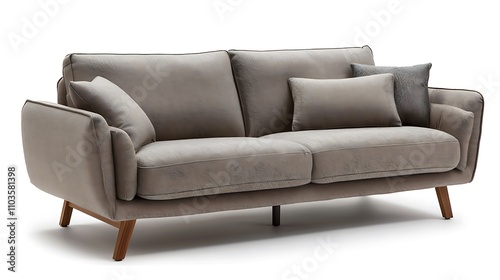 A modern, stylish gray sofa with wooden legs and decorative pillows, designed for comfort and aesthetic appeal.