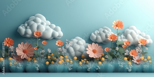 Logo design playful clouds and bright blooms cute style light green background colorful elements bright colors cartoon illustration style 3D rendering effect The logo comprises soft clouds and 