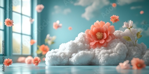 Logo design playful clouds and bright blooms cute style light green background colorful elements bright colors cartoon illustration style 3D rendering effect The logo comprises soft clouds and 