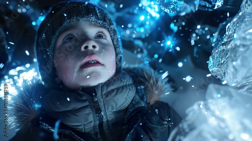 A Curious Scandinavian Child Explores a Magical Blue Ice Cave photo