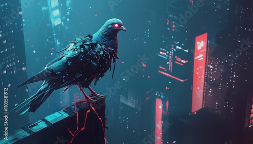 Cyberpunk Pigeon on a City Rooftop photo