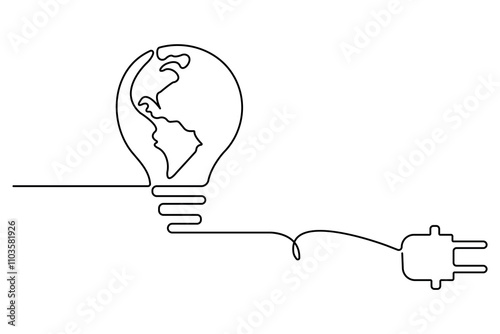 Eco earth hour of world earth day continuous hand draw concept global map outline vector illustration