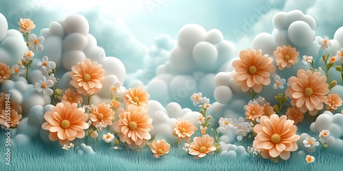 Logo design playful clouds and bright blooms cute style light green background colorful elements bright colors cartoon illustration style 3D rendering effect The logo comprises soft clouds and 