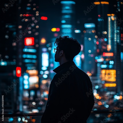 Silhouette of Man Against Hong Kong City Lights at Night