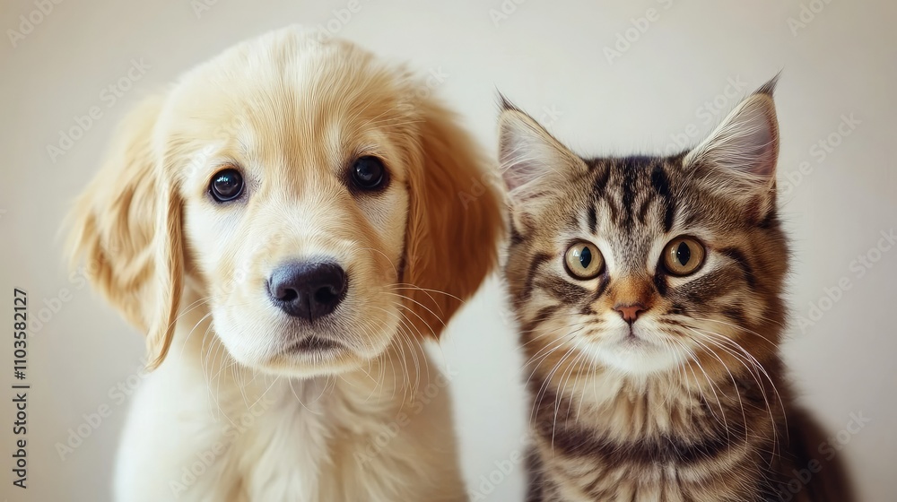 Cute Puppy and Cat Looking at Camera Cute Puppy and Cat Looking at Camera