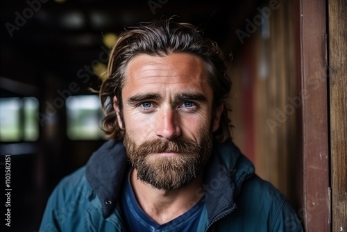 Portrait of a handsome man with long beard and mustache wearing blue jacket