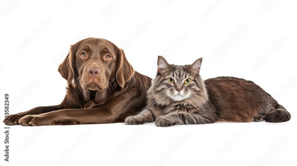 Puppy and Cat Relaxing Together on White Background Puppy and Cat Relaxing Together on White Background