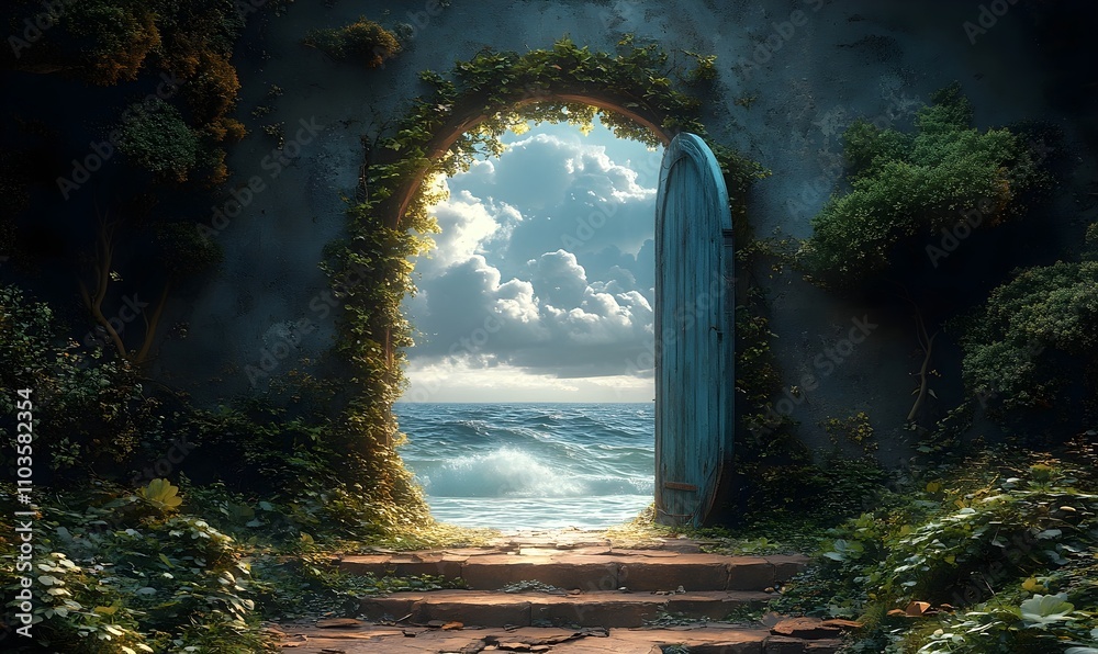 A surreal decorated gateway to the sea opening to light sweet memories A surreal decorated gateway to the sea opening to light sweet memories