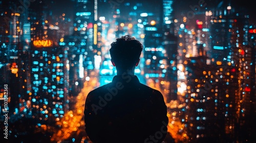 Wallpaper Mural Silhouette of Man Against Hong Kong City Lights at Night Torontodigital.ca