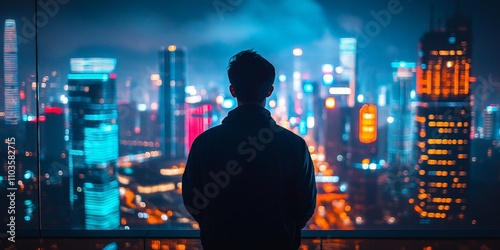 Wallpaper Mural Silhouette of Man Against Hong Kong City Lights at Night Torontodigital.ca