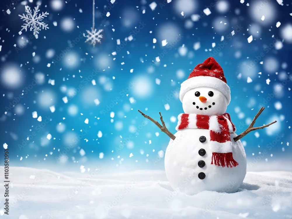 Fototapeta premium Snowman with red hat and scarf stands in snowy landscape during a winter snowfall