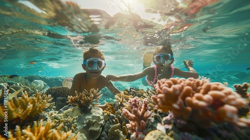 Fototapeta Naklejka Na Ścianę i Meble -  Imaginative Australian Children Snorkeling on the Great Barrier Reef: Vibrant Coral and Tropical Fish