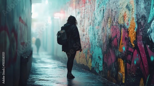 A lone figure walks through a foggy alley with colorful street art. A mysterious atmosphere surrounds this urban scene.