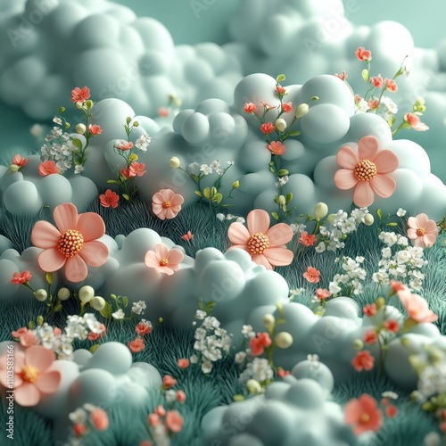 Logo design soft clouds and floral details cute style pastel green background colorful elements bright colors cartoon illustration style 3D rendering effect The logo comprises clouds and colorful 