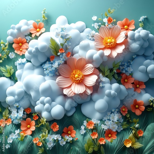 Logo design soft clouds and floral details cute style pastel green background colorful elements bright colors cartoon illustration style 3D rendering effect The logo comprises clouds and colorful 