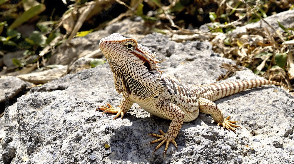 Bearded Dragon Posing on Sunlit Rocky Surface. Generator AI Bearded Dragon Posing on Sunlit Rocky Surface. Generator AI
