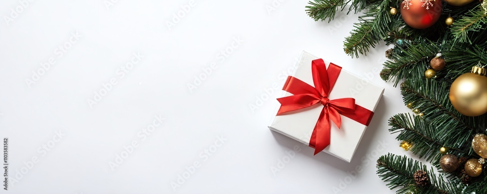 Gift box with red ribbon placed beside festive Christmas decorations and pine branches